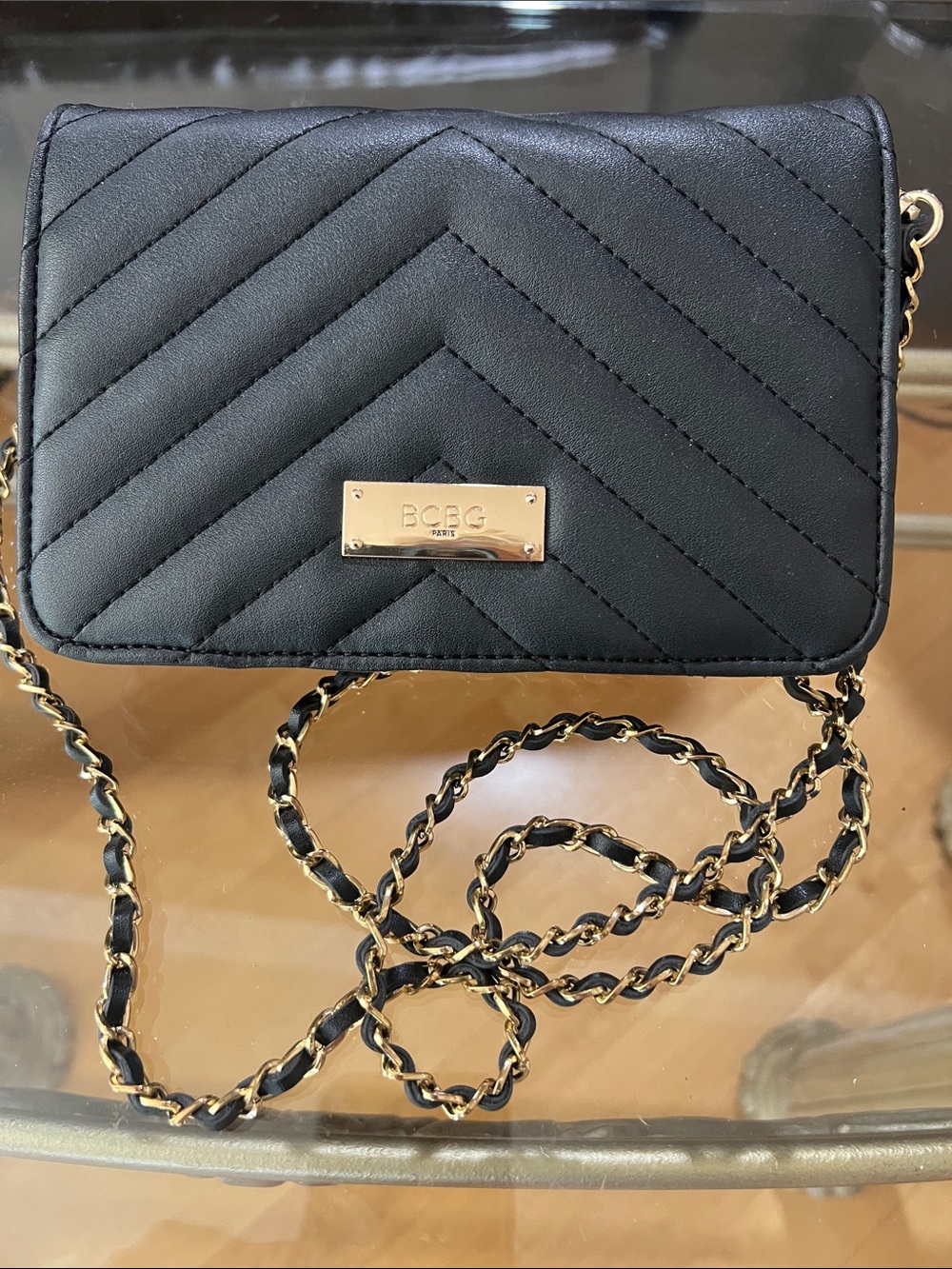 BCBG Black Quilted Crossbody with Gold Chain